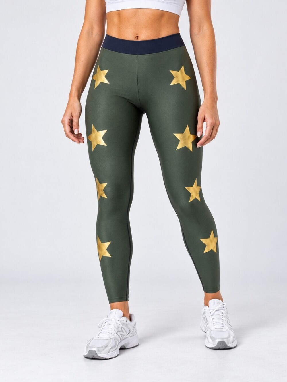 Ultracor Knockout Luxe Metallic Gold Star Compression Leggings Olive Green M